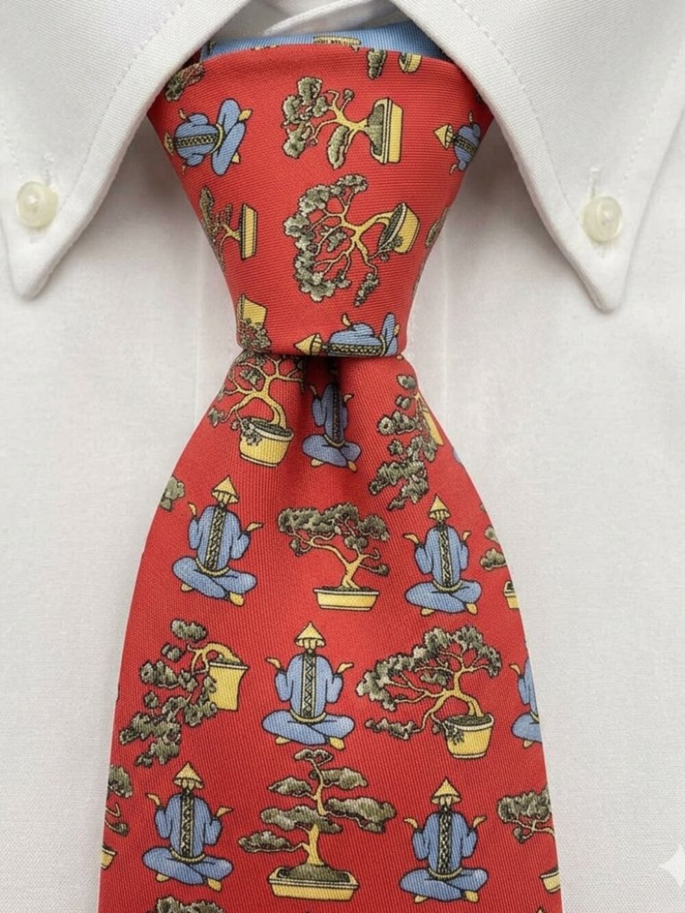 Alain Figaret Paris Silk Tie Red Meditating Yoga Monk Bonsai Tree France Made